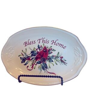 Festive Oval Cream Dish with Vivid Red Cardinal and Green Foliage by Lenox